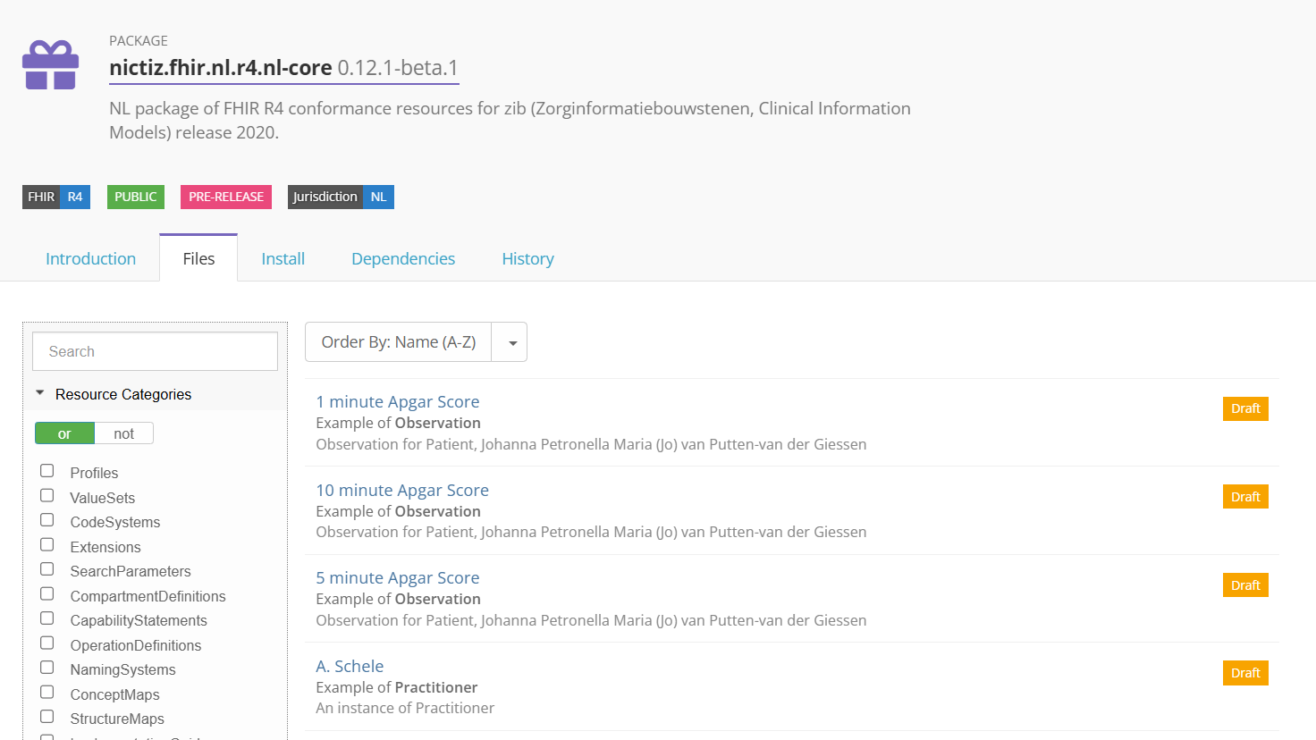 The Files tab of the package test.firely.sample.ig 0.1.0, with a search box and resource category filters next to the list of profiles, logical models and code systems.