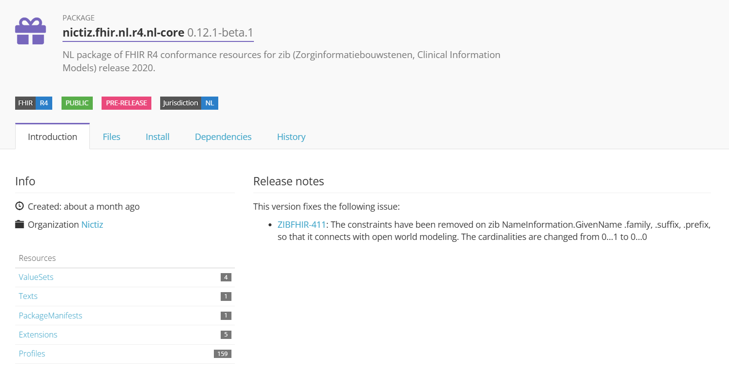 The Introduction tab of the package test.firely.sample.ig 0.1.0: package info, the number of resources per category, and the release notes.
