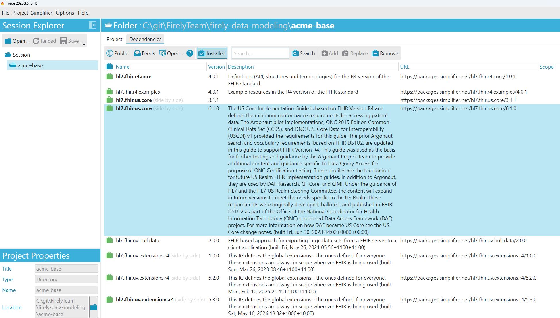 The Installed view of the Dependencies tab in Forge, with hl7.fhir.us.core at versions 3.1.1 and 6.1.0, and hl7.fhir.uv.extensions.r4 at versions 1.0.0, 5.2.0 and 5.3.0, each marked side by side.