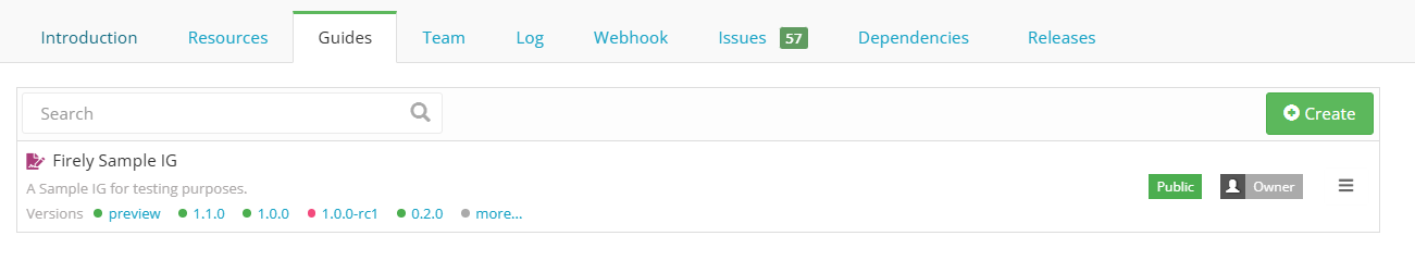The redesigned Guides tab of a project, listing the Firely Sample IG with its versions inline: preview, 1.1.0, 1.0.0, 1.0.0-rc1, 0.2.0 and a link to more.