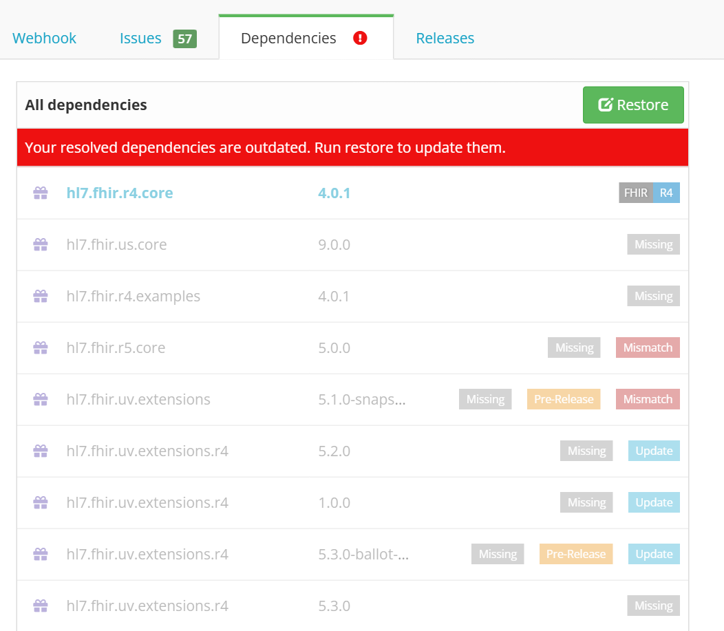 The Dependencies tab of an R4 project with a banner that the resolved dependencies are outdated, and a green Restore button.